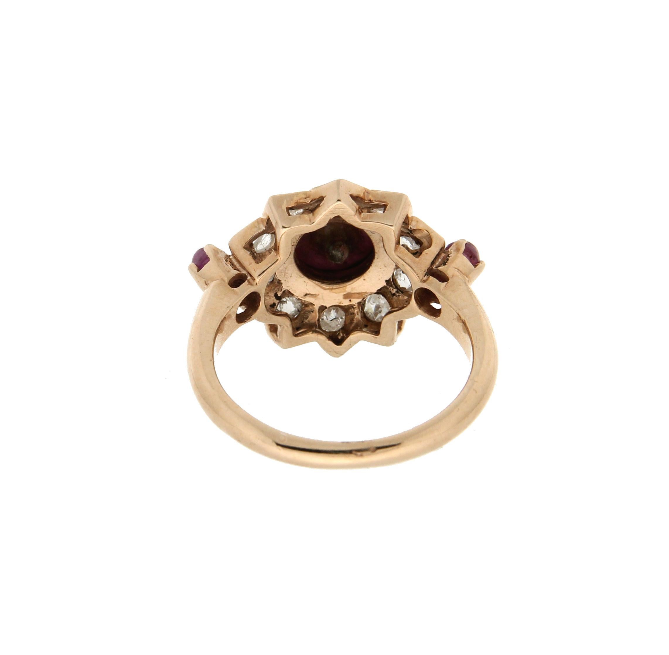 Handcraft Rubies 9 Karat Yellow Gold Rose Cut Diamonds Cocktail Ring 1