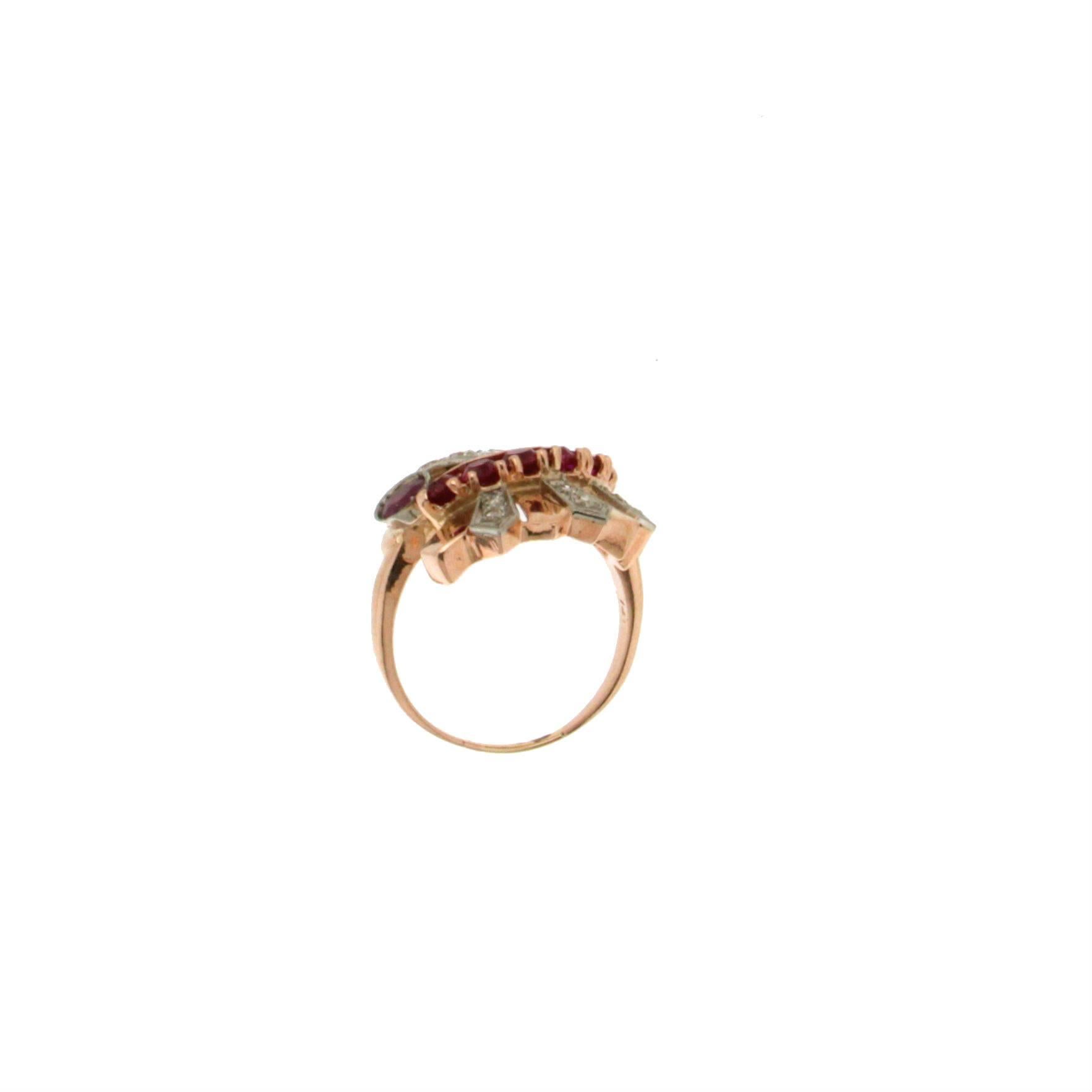 Brilliant Cut Handcraft Ruby 14 Karat Yellow and White Gold Diamonds Cocktail Ring For Sale