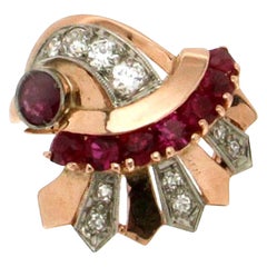 Bague de cocktail en or jaune et blanc 14 carats avec diamants et rubis Handcraft