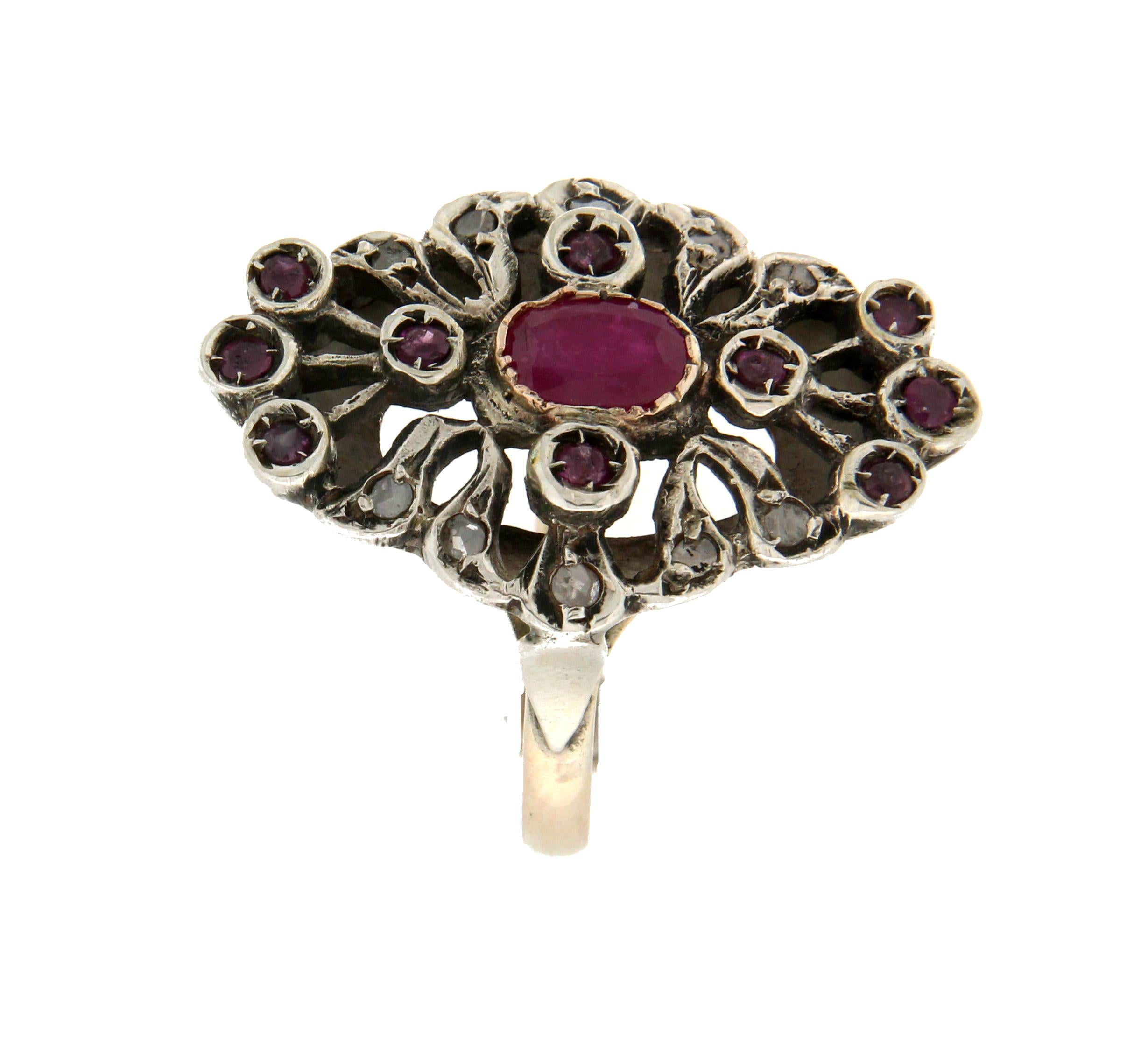 Rose Cut Handcraft Ruby 14 Karat Yellow Gold Diamonds Cocktail Ring For Sale