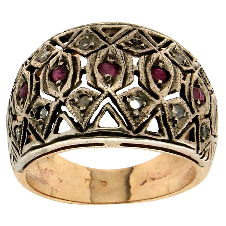 Handcraft Ruby 14 Karat Yellow Gold Diamonds Cocktail Ring