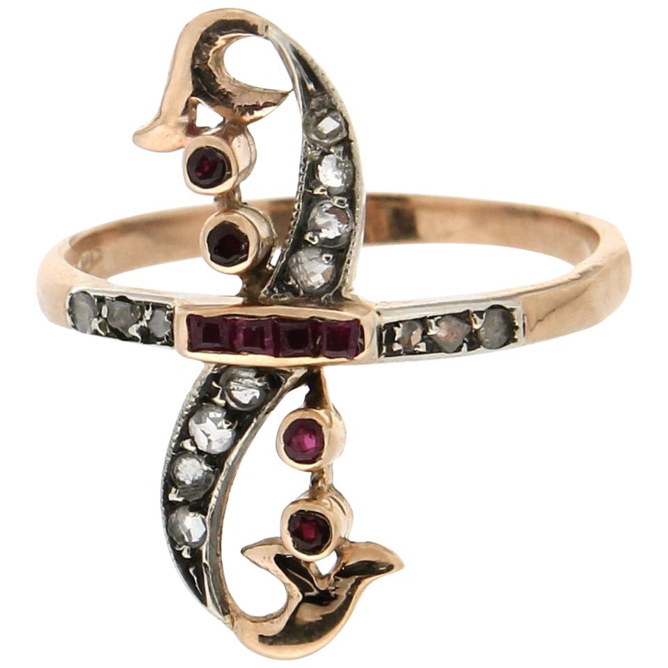 Handcraft Ruby 14 Karat Yellow Gold Diamonds Cocktail Ring