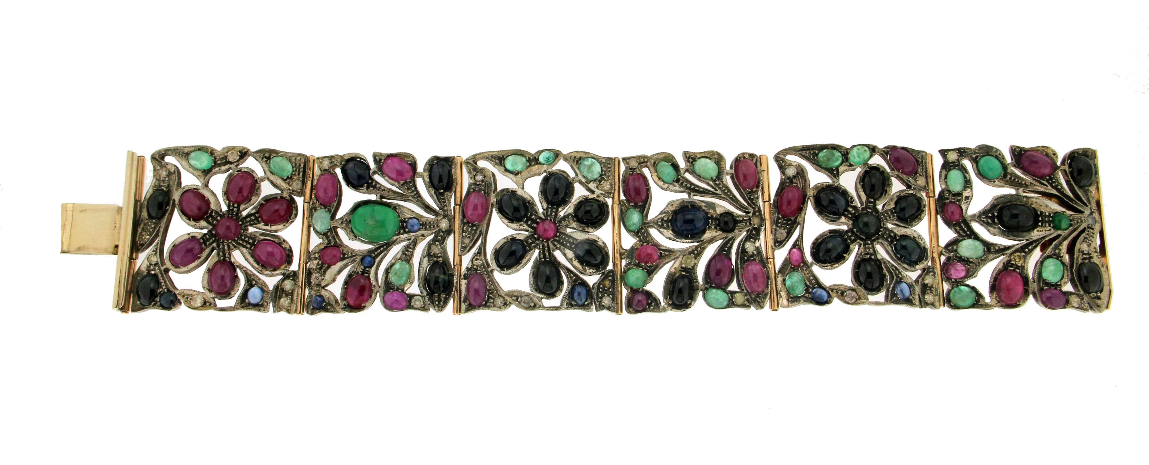 Mixed Cut Handcraft Ruby 14 Karat Yellow Gold Emeralds Sapphires Diamonds Cuff Bracelet For Sale