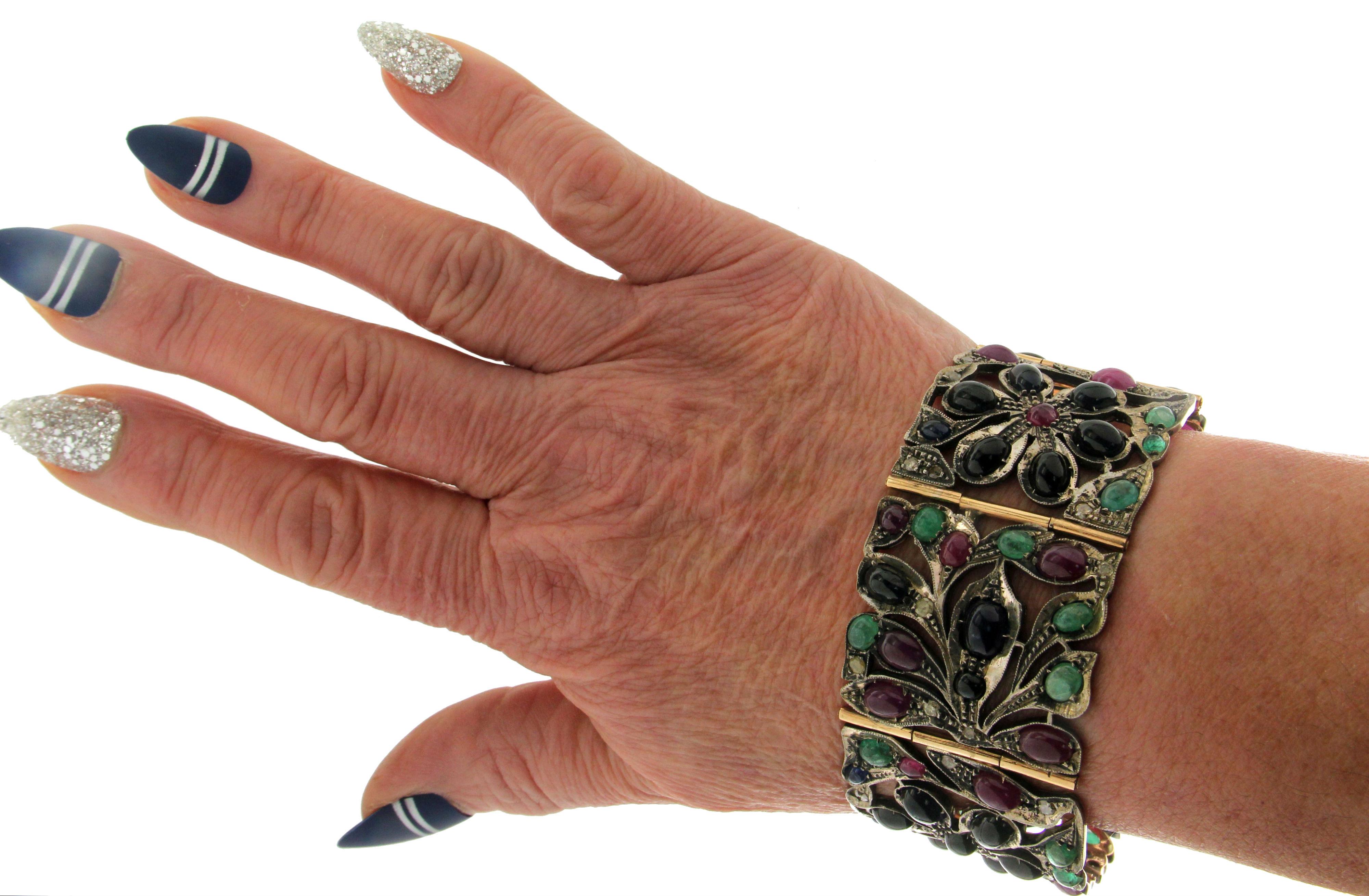 Women's or Men's Handcraft Ruby 14 Karat Yellow Gold Emeralds Sapphires Diamonds Cuff Bracelet For Sale
