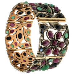 Handcraft Ruby 14 Karat Yellow Gold Emeralds Sapphires Diamonds Cuff Bracelet