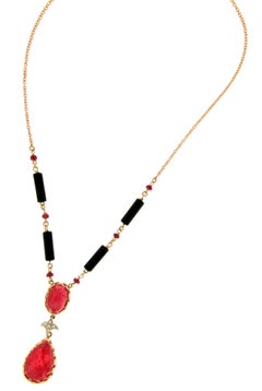 Collar Colgante Rubí Artesanal Oro Amarillo 14 Kilates Ónix Barril Diamantes