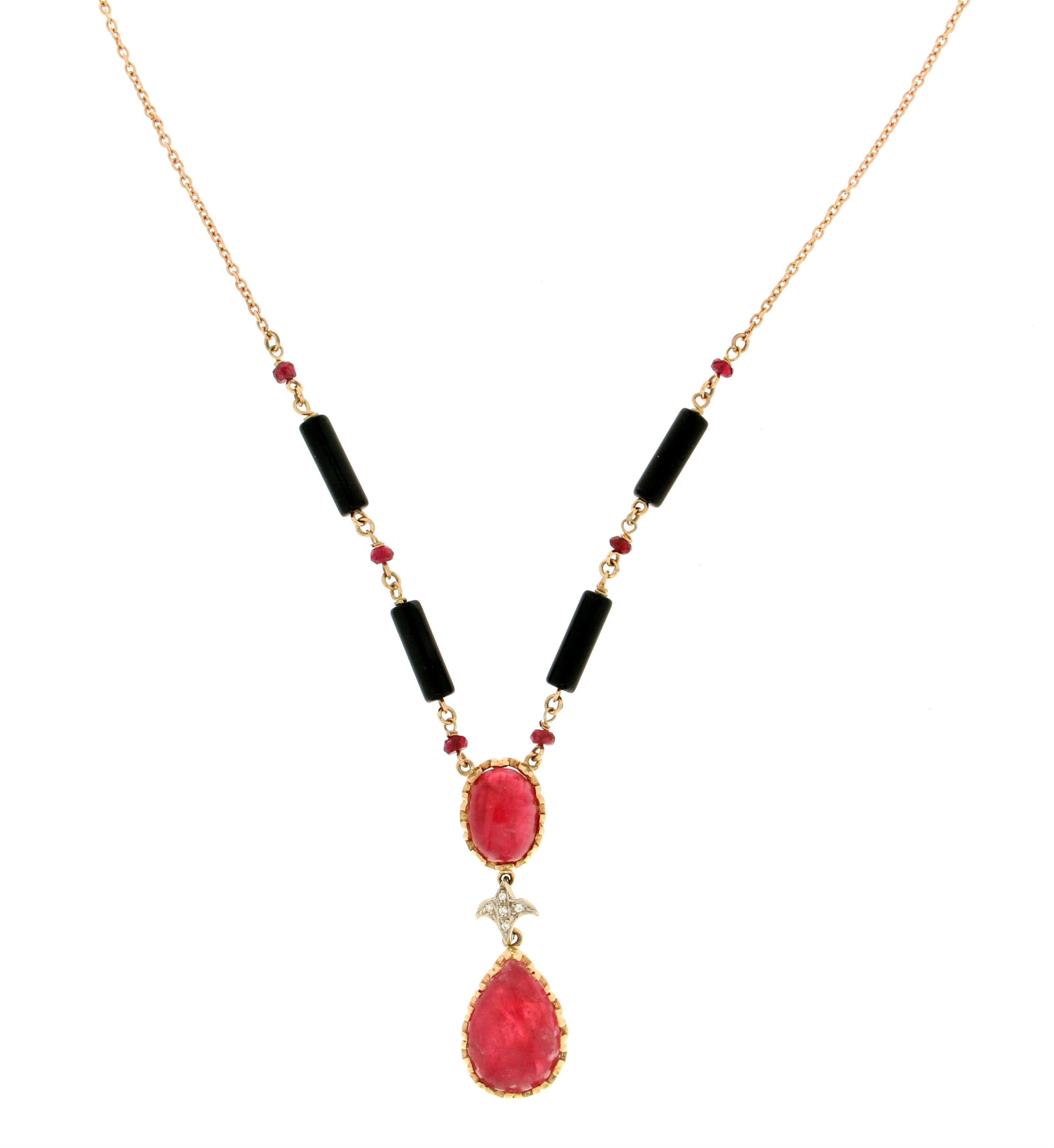 Artisan Handcraft Ruby 14 Karat Yellow Gold Onyx Barrels Diamonds Pendant Necklace For Sale