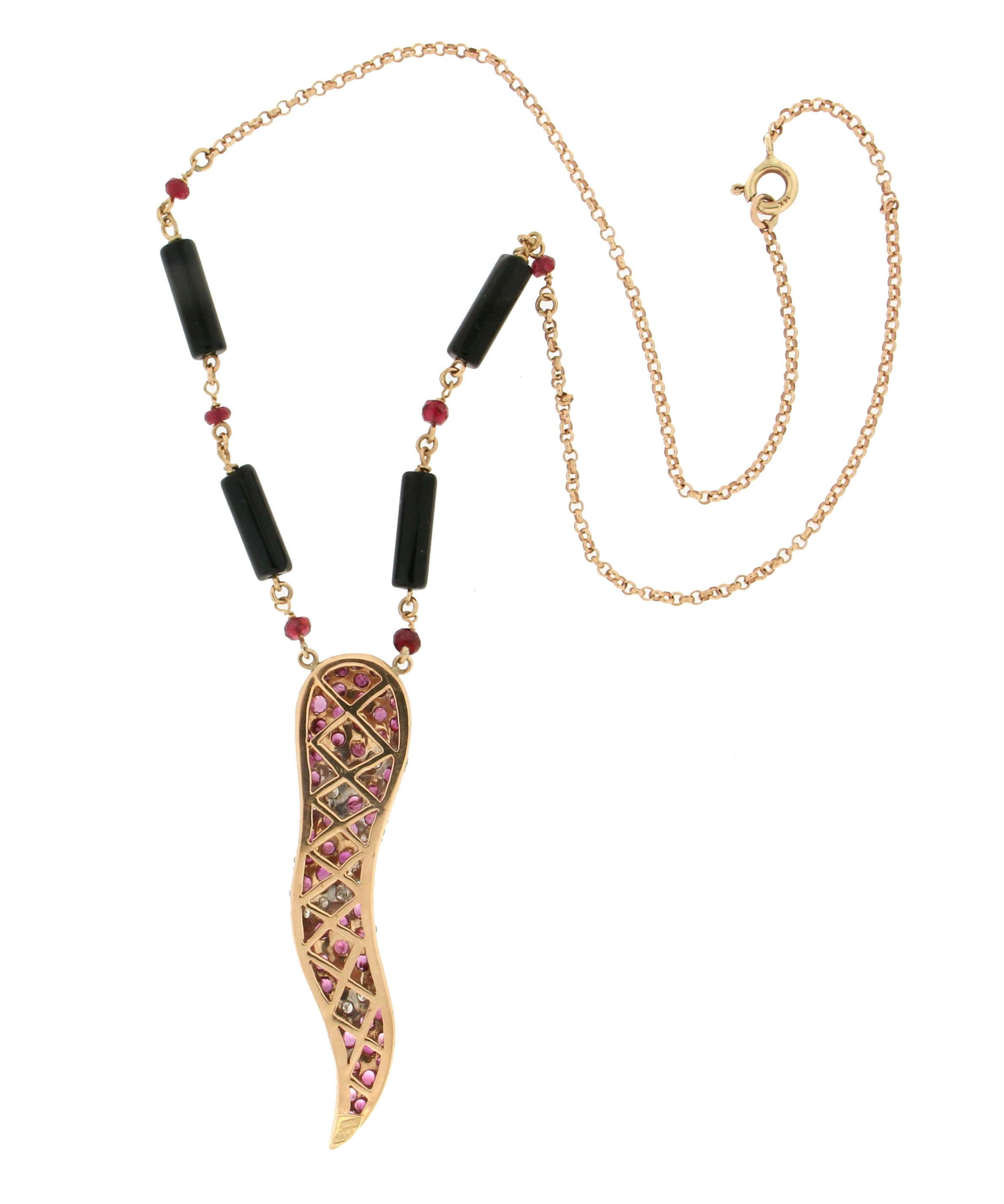 Artisan Handcraft Ruby 18 Karat Gold Diamonds Onyx Pendant Necklace For Sale