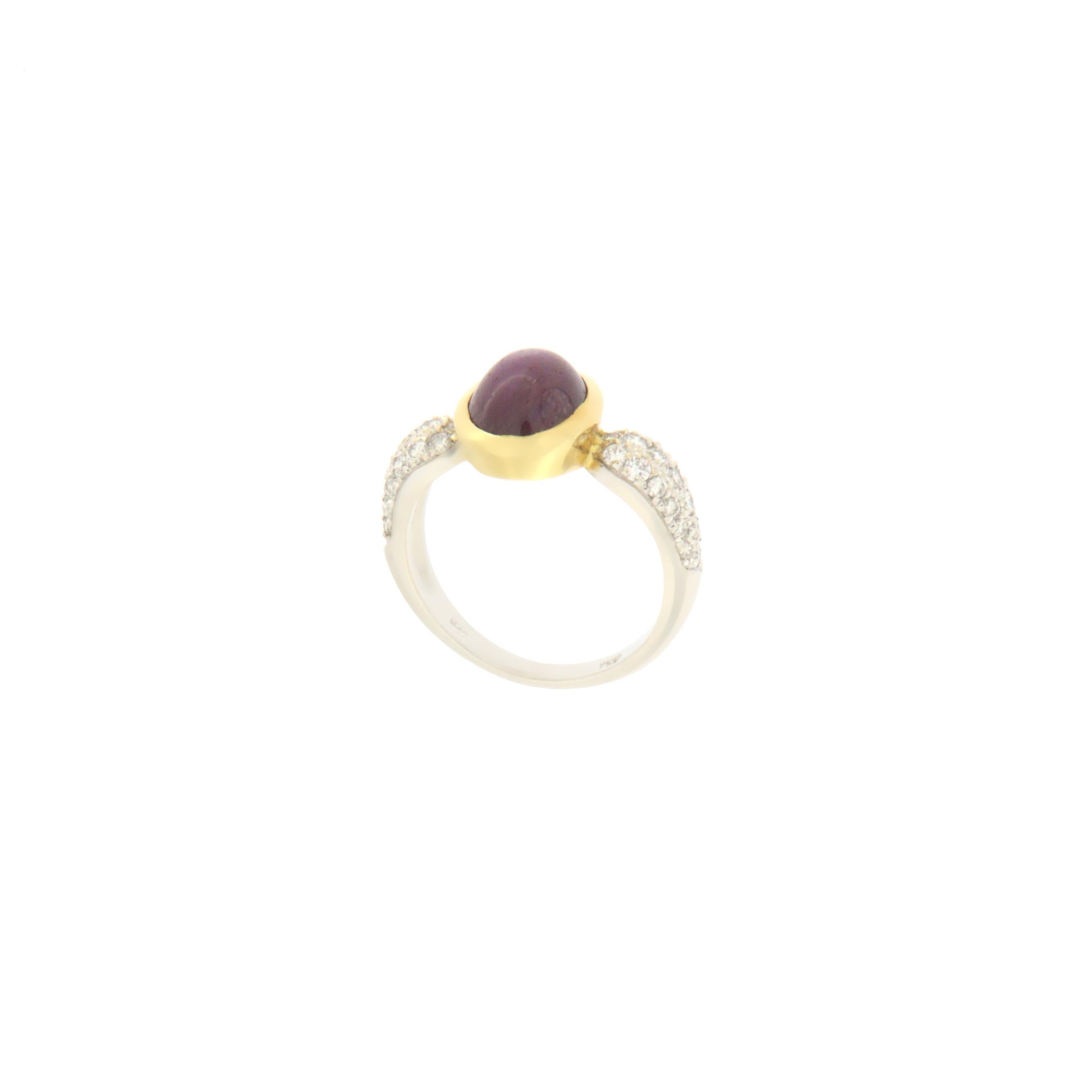 Brilliant Cut Handcraft Ruby 18 Karat White and Yellow Gold Diamonds Cocktail Ring For Sale
