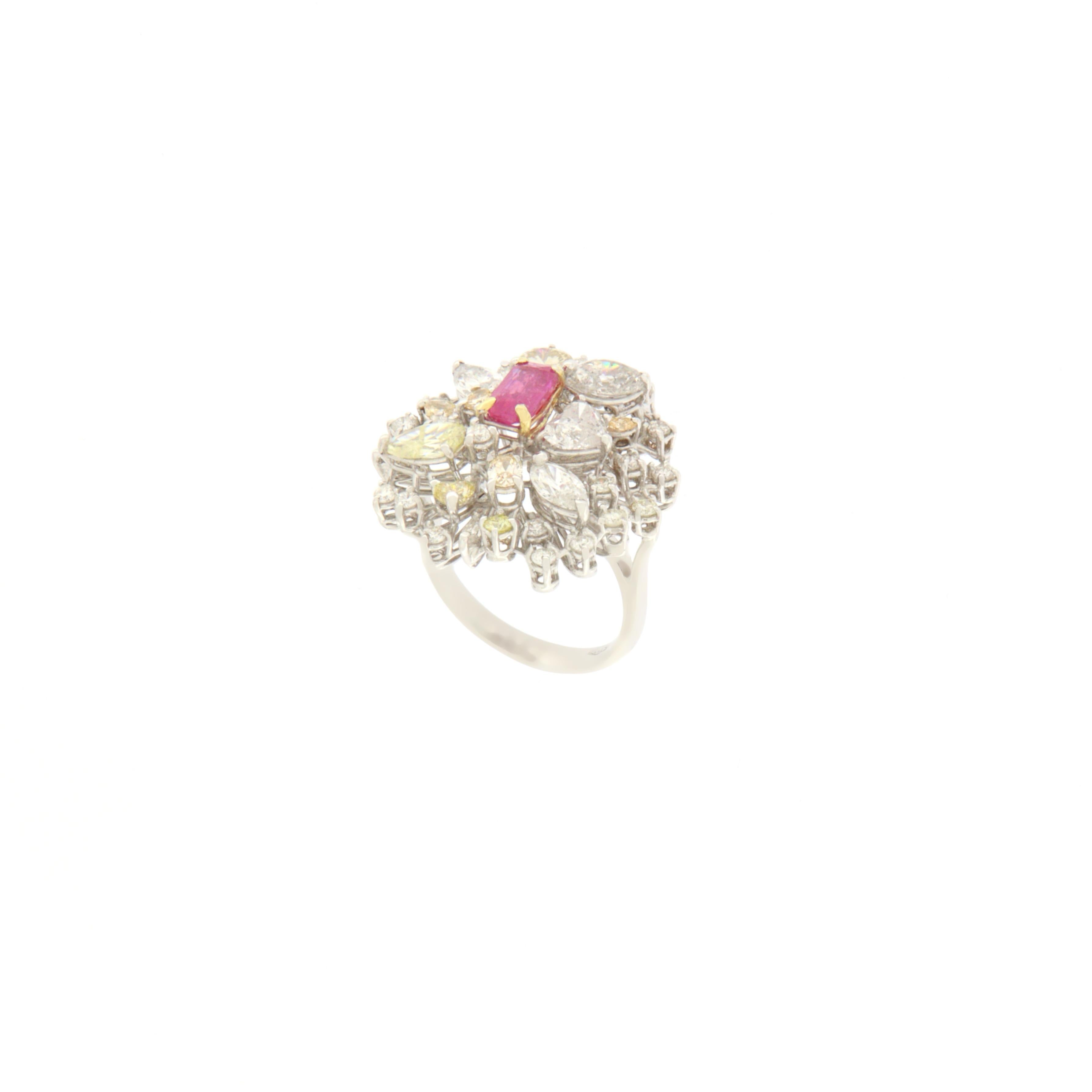 Artisan Handcraft Ruby 18 Karat White Gold Diamonds Cocktail Ring For Sale