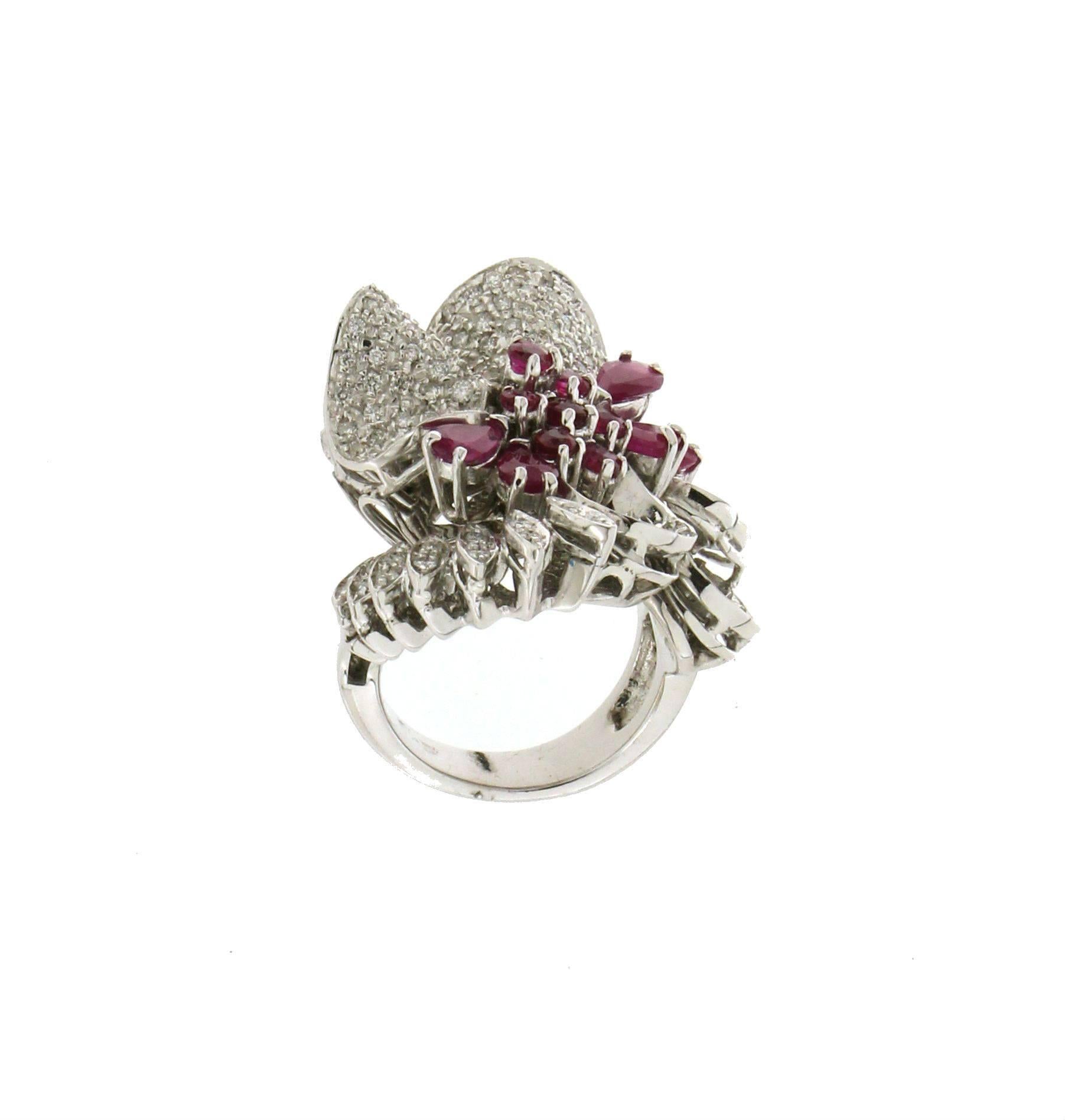 Artisan Handcraft Ruby 18 Karat White Gold Diamonds Cocktail Ring For Sale