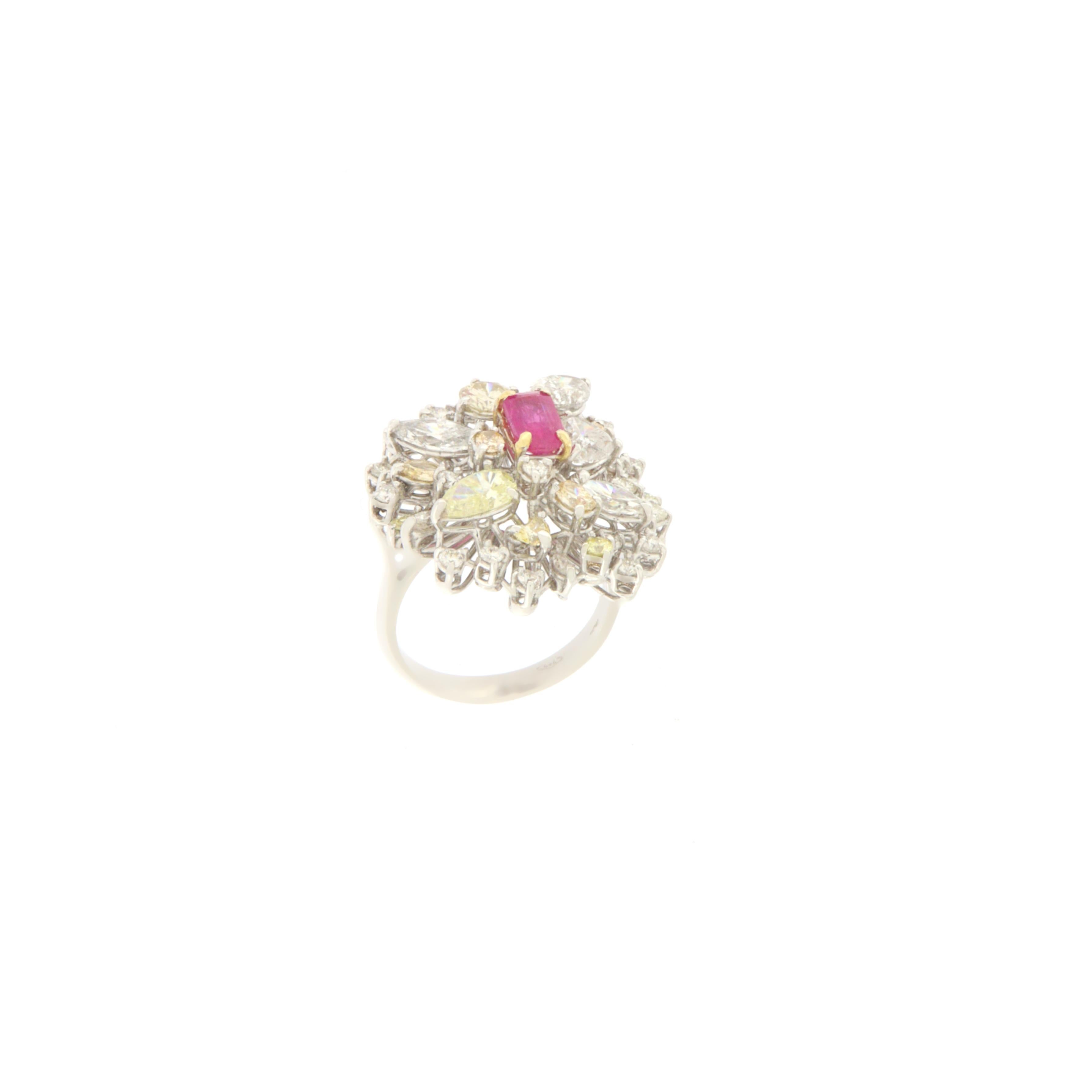 Brilliant Cut Handcraft Ruby 18 Karat White Gold Diamonds Cocktail Ring For Sale