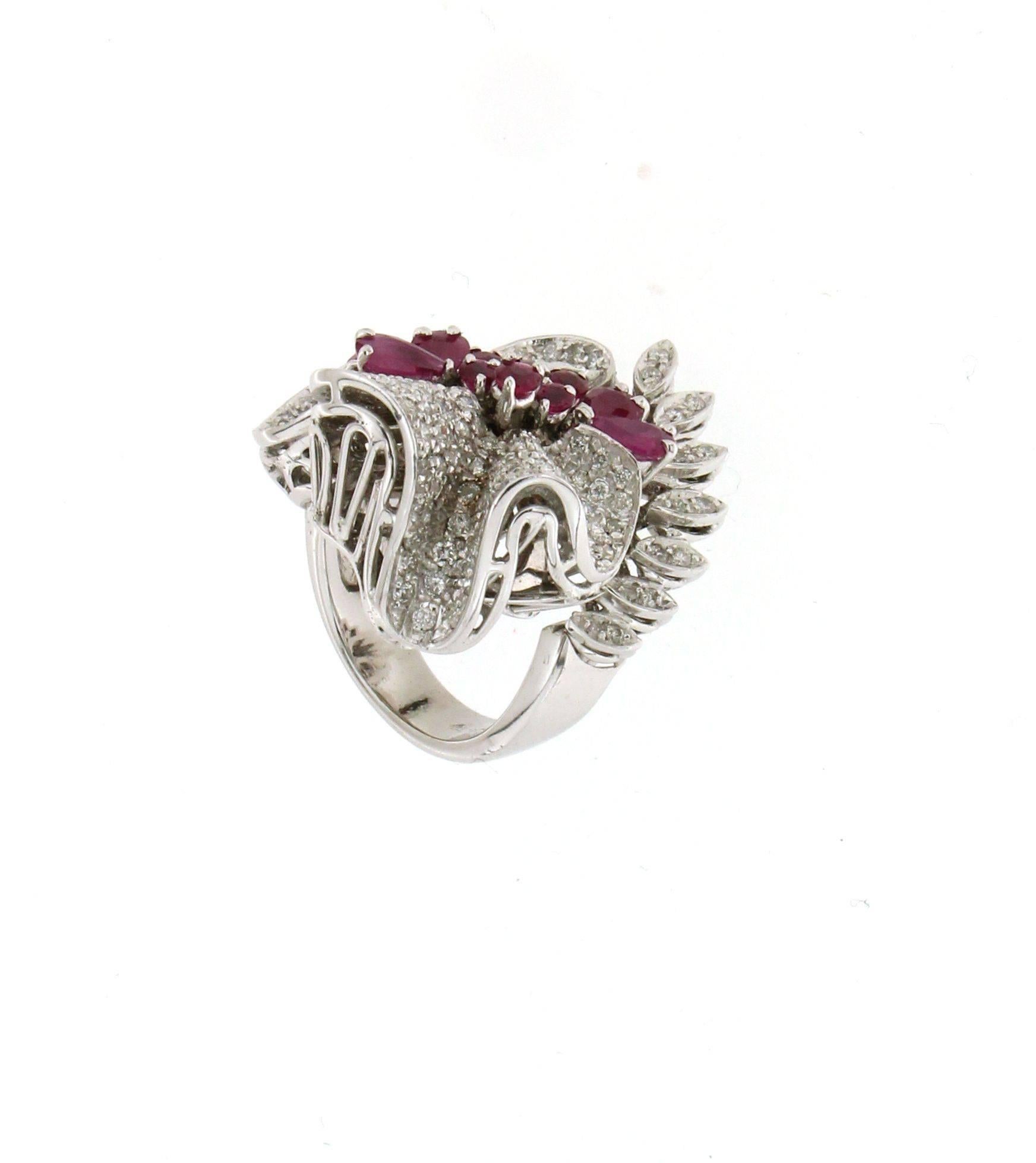 Brilliant Cut Handcraft Ruby 18 Karat White Gold Diamonds Cocktail Ring For Sale