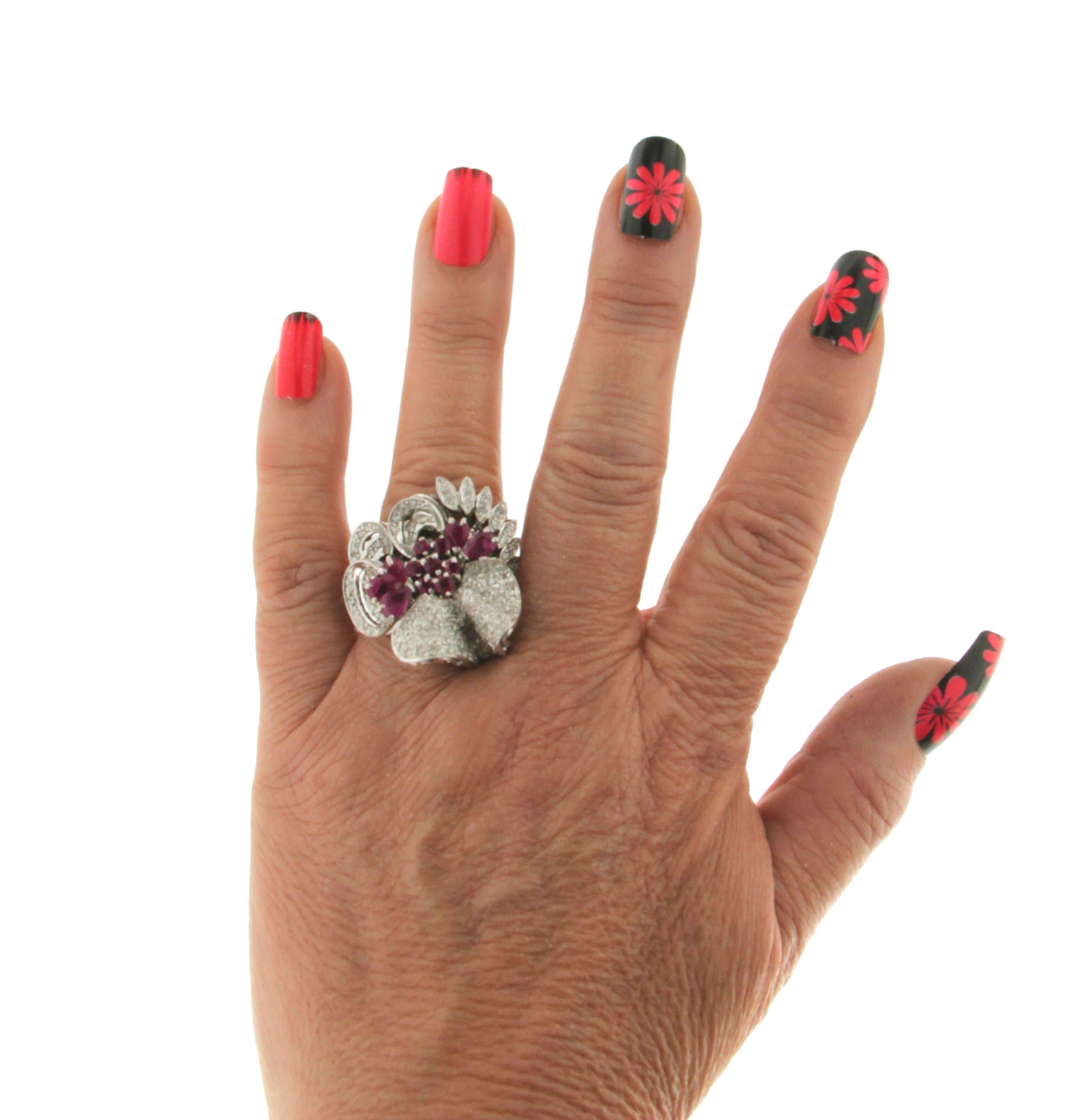 Women's Handcraft Ruby 18 Karat White Gold Diamonds Cocktail Ring For Sale