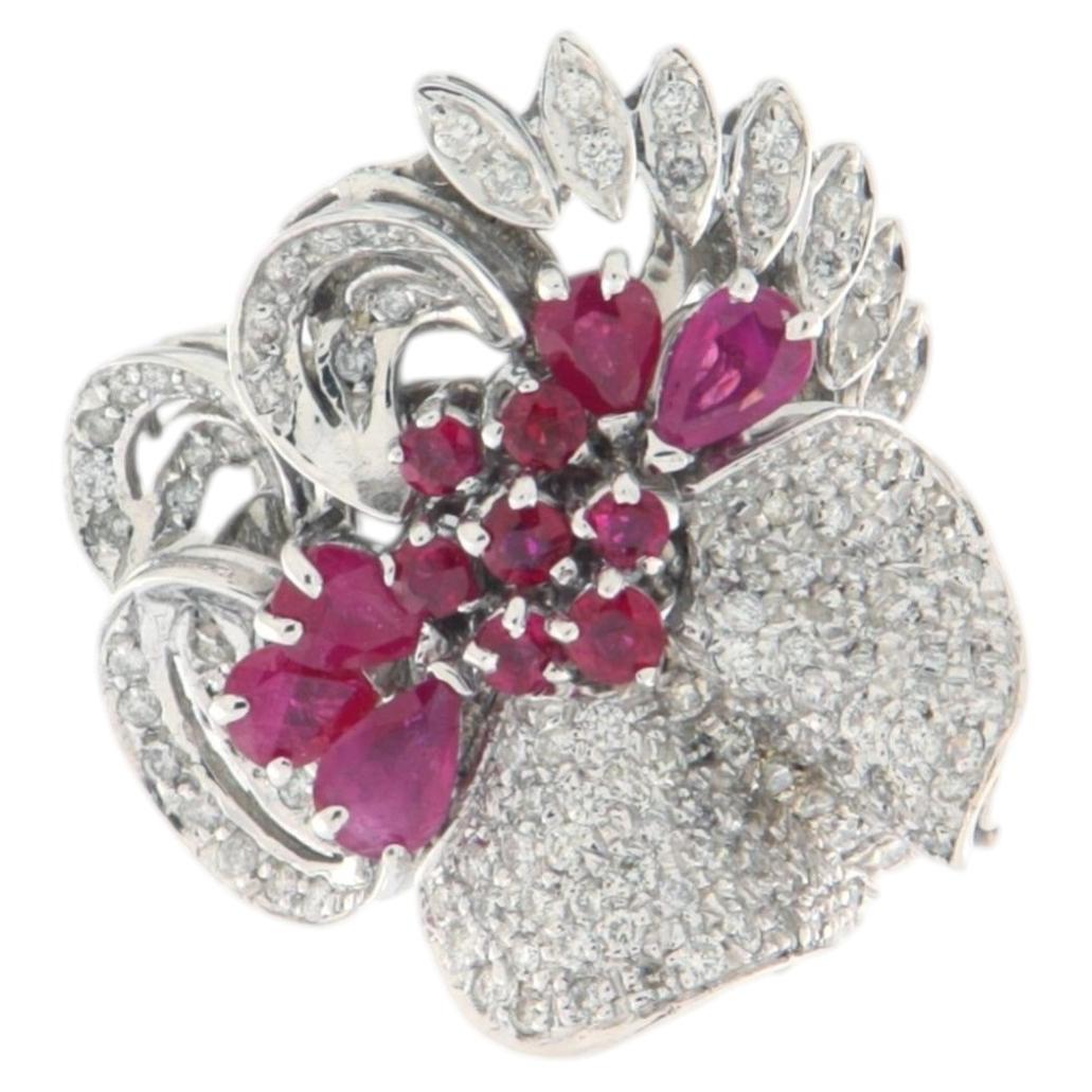 Contemporary 18K White Gold, Natural Diamond & Ruby Cockail Ring For Sale