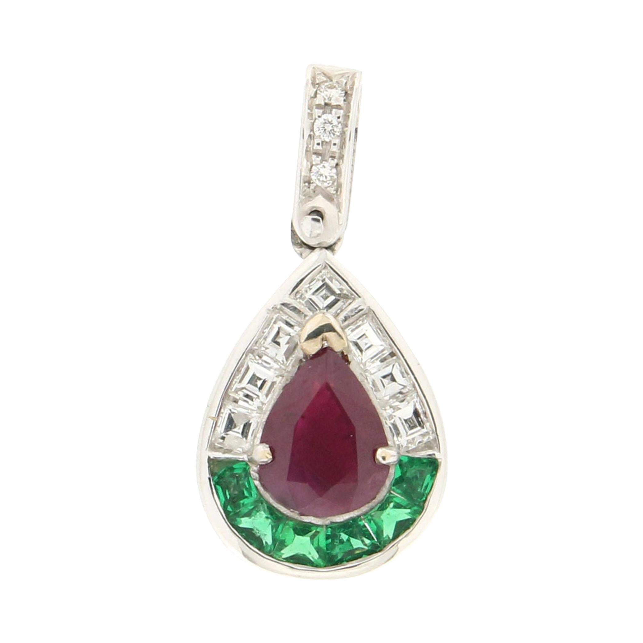 Handcraft Ruby 18 Karat White Gold Diamonds Emeralds Pendant Necklace For Sale