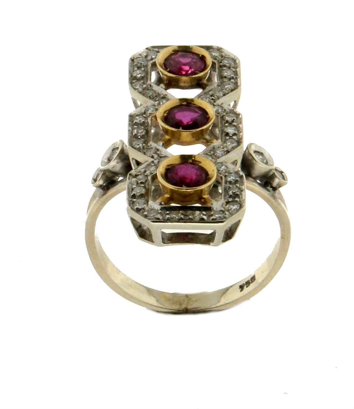 Brilliant Cut Handcraft Ruby 18 Karat Yellow and White Gold Diamonds Cocktail Ring For Sale