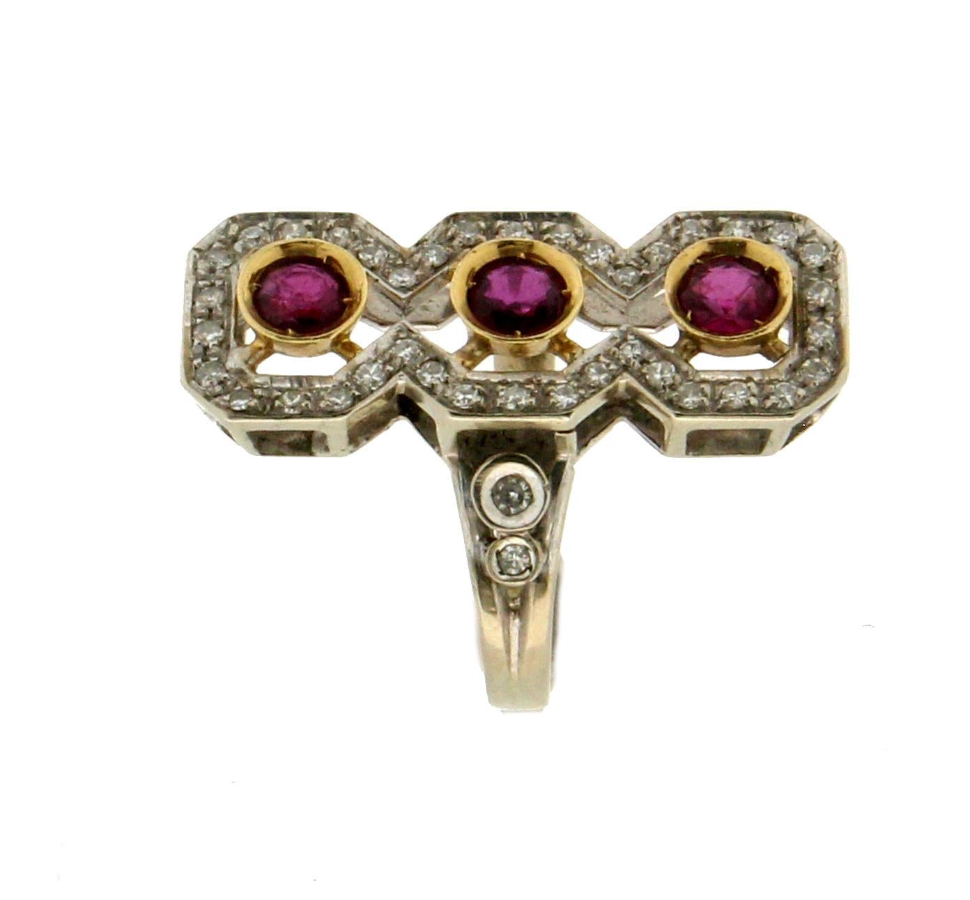 Handcraft Ruby 18 Karat Yellow and White Gold Diamonds Cocktail Ring In New Condition For Sale In Marcianise, IT