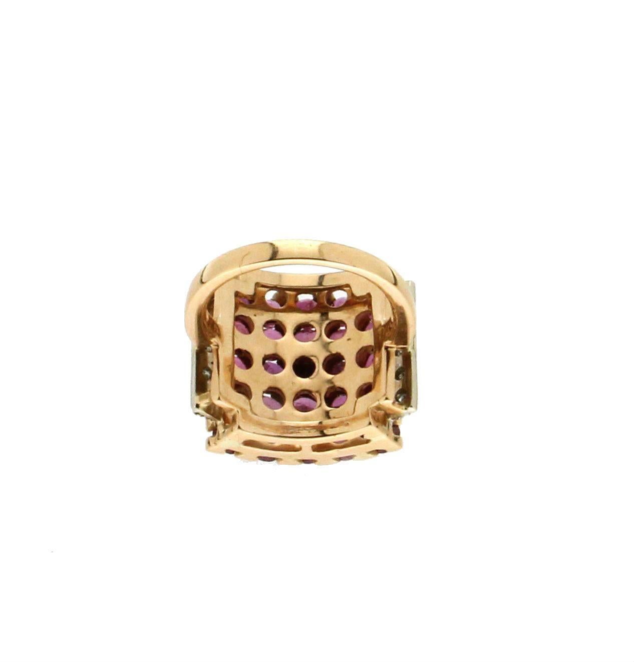 Brilliant Cut Handcraft Ruby 18 Karat Yellow and White Gold Diamonds Cocktail Ring For Sale