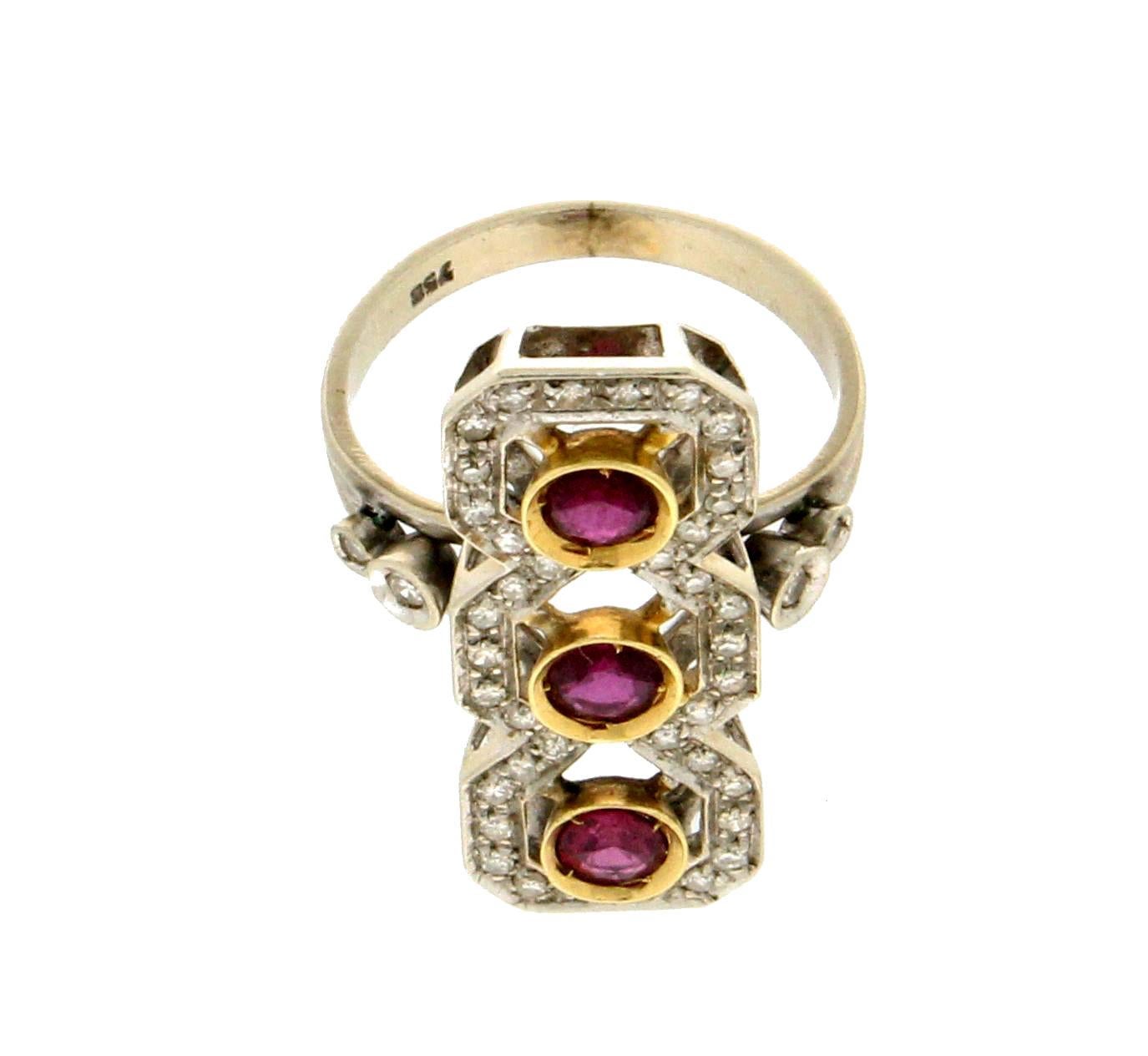 Handcraft Ruby 18 Karat Yellow and White Gold Diamonds Cocktail Ring For Sale 1