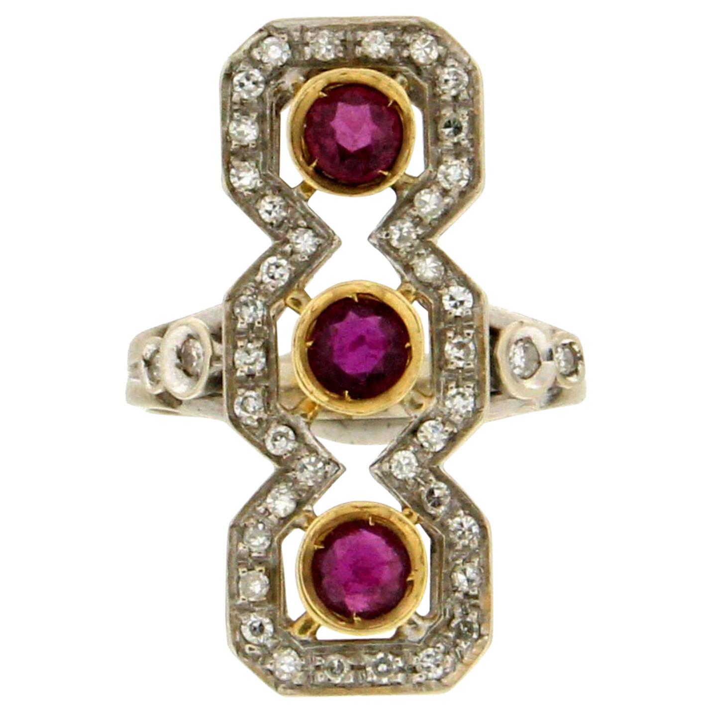 Handcraft Ruby 18 Karat Yellow and White Gold Diamonds Cocktail Ring For Sale