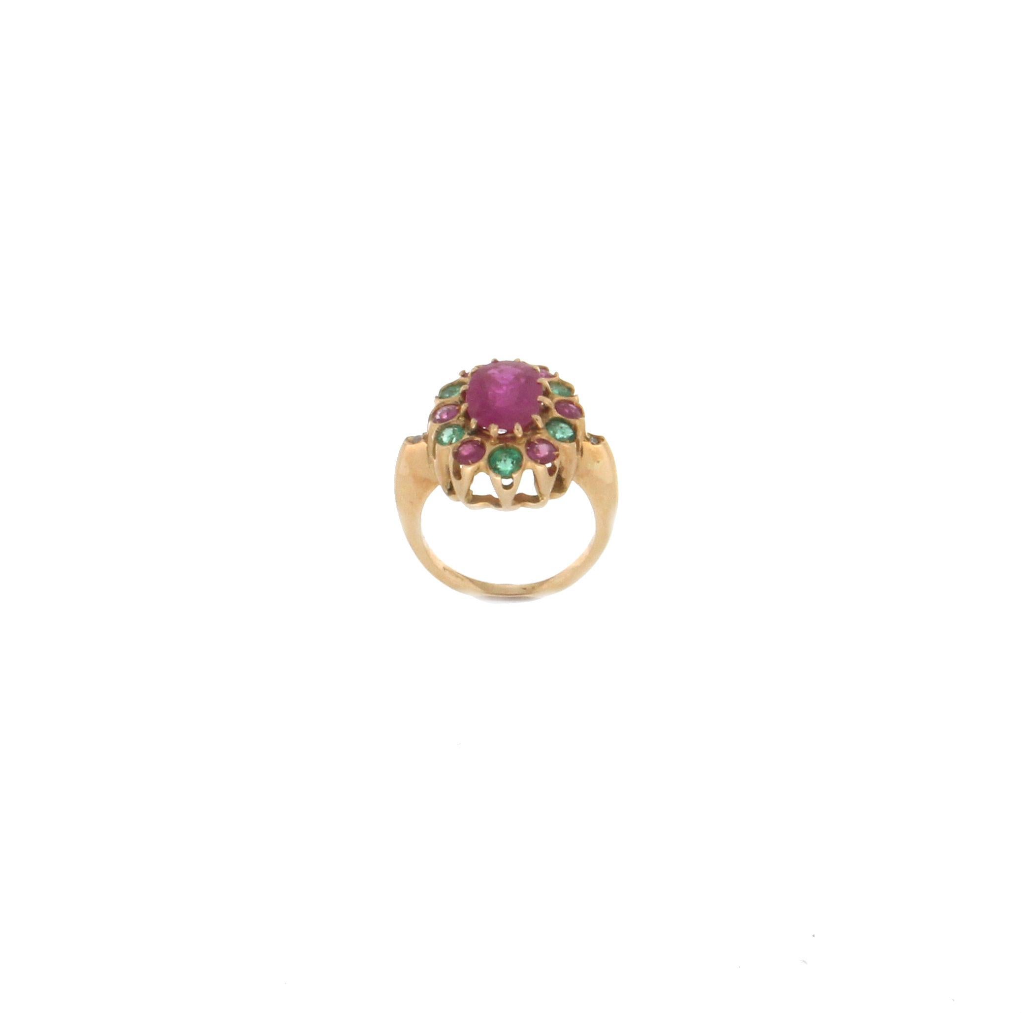 Mixed Cut Handcraft Ruby 18 Karat Yellow Gold Emeralds Diamonds Cocktail Ring For Sale