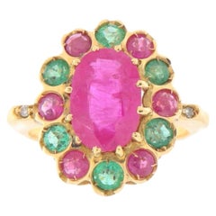 Vintage 18K Gold Multi-Gemstone Flower Cluster Ring, Natural Ruby, Emerald