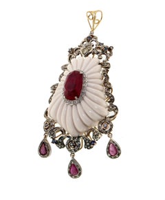Handcraft Ruby 9 Karat Yellow Gold Agate Sapphires Diamonds Pendant