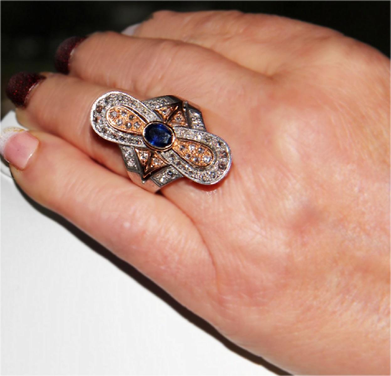 Handcraft Sapphire 14 Karat Yellow and Silver Gold Diamonds Cocktail Ring For Sale 5