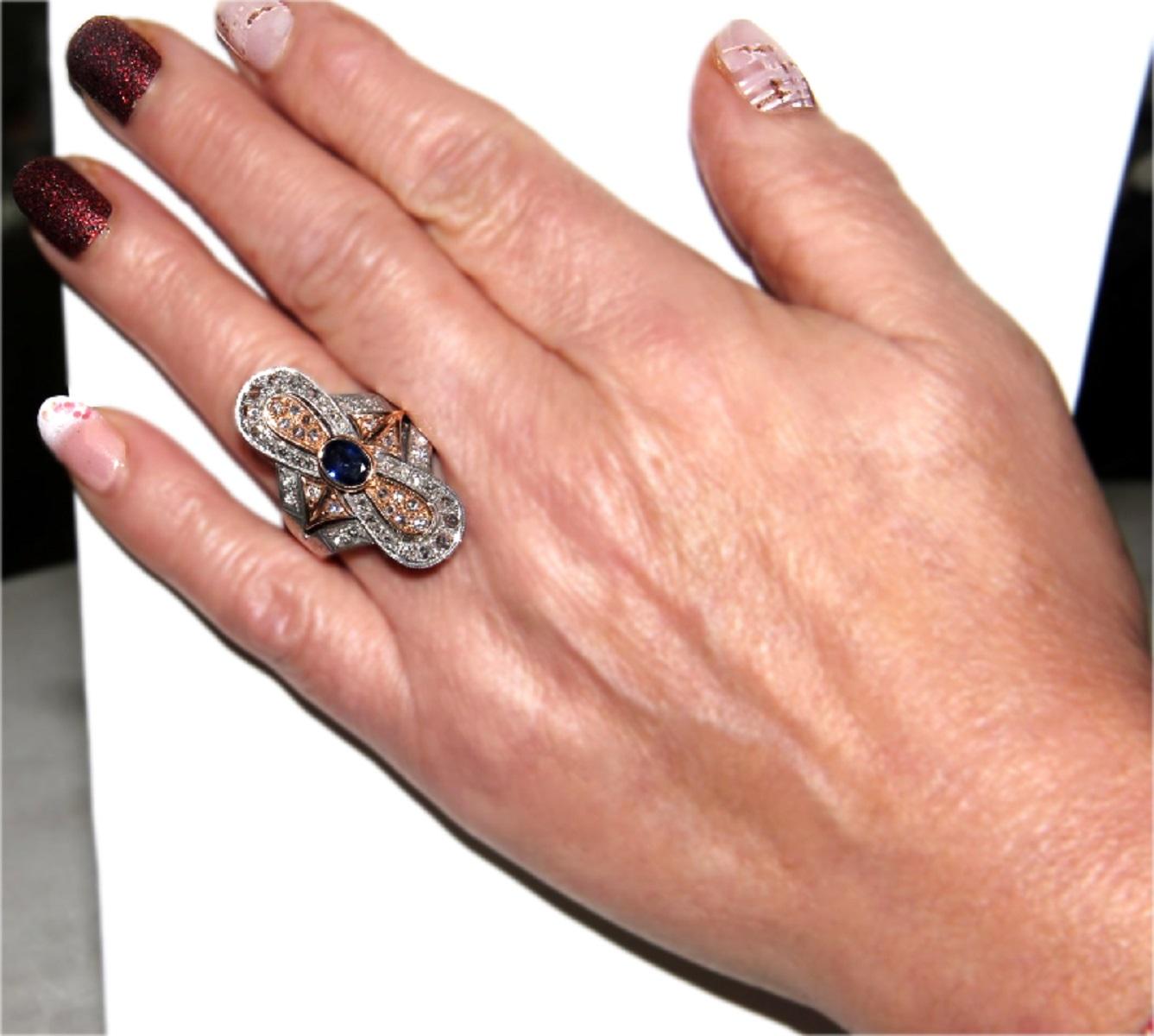 Handcraft Sapphire 14 Karat Yellow and Silver Gold Diamonds Cocktail Ring For Sale 6