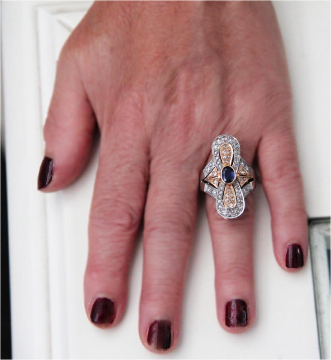 Handcraft Sapphire 14 Karat Yellow and Silver Gold Diamonds Cocktail Ring For Sale 7
