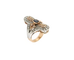 Handcraft Sapphire 14 Karat Yellow and Silver Gold Diamonds Cocktail Ring