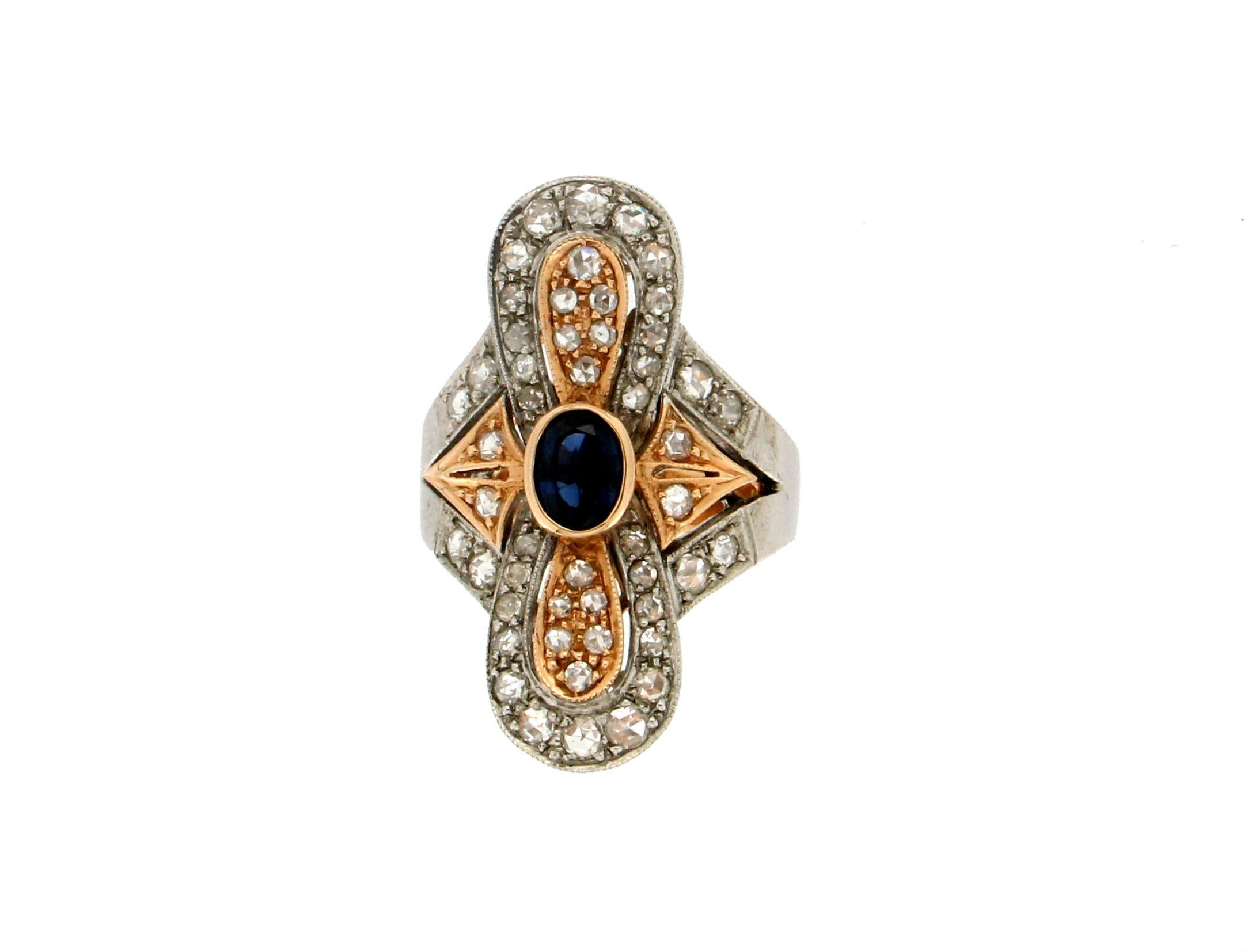 Mixed Cut Handcraft Sapphire 14 Karat Yellow and Silver Gold Diamonds Cocktail Ring For Sale