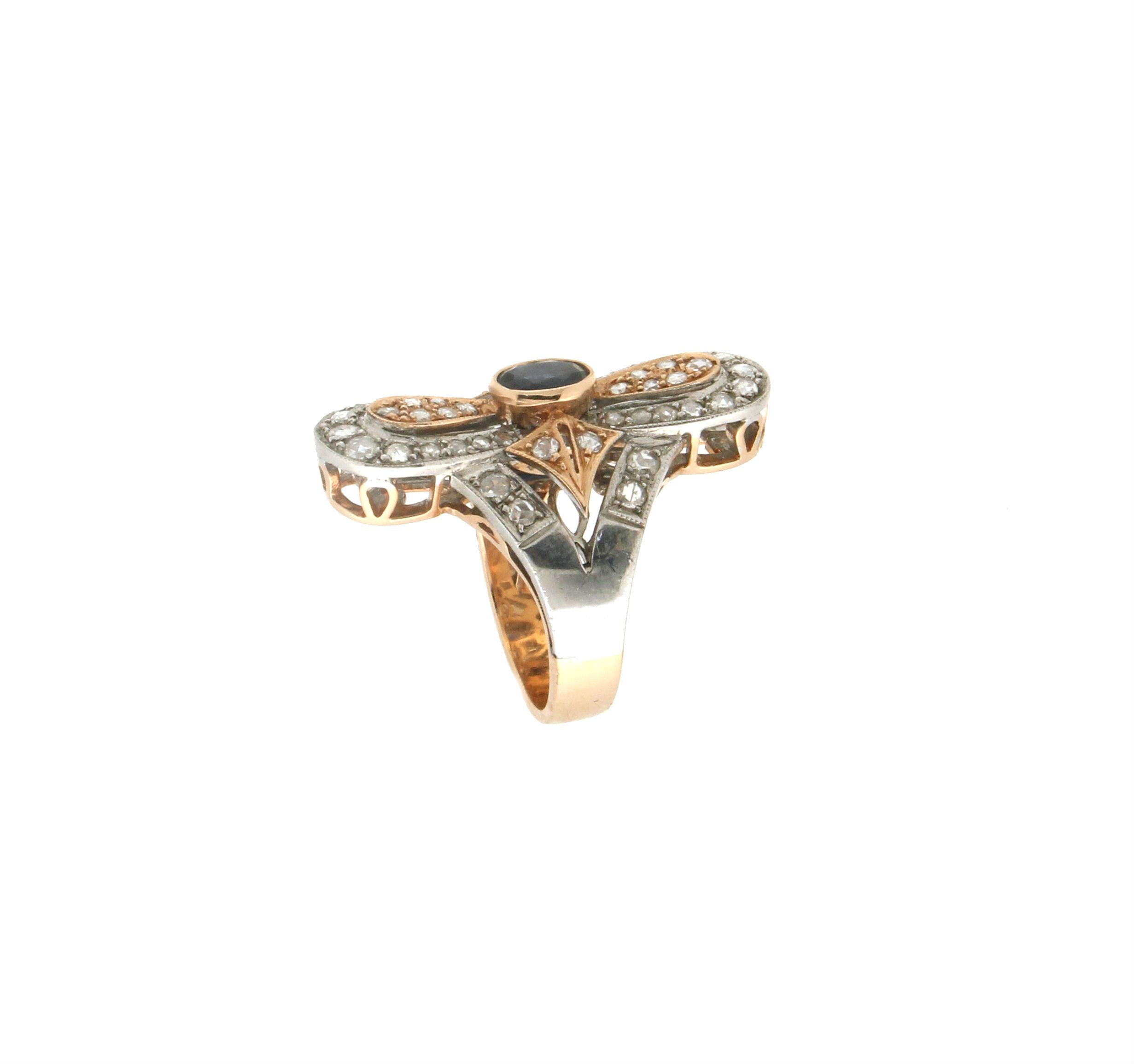 Handcraft Sapphire 14 Karat Yellow and Silver Gold Diamonds Cocktail Ring In New Condition For Sale In Marcianise, IT