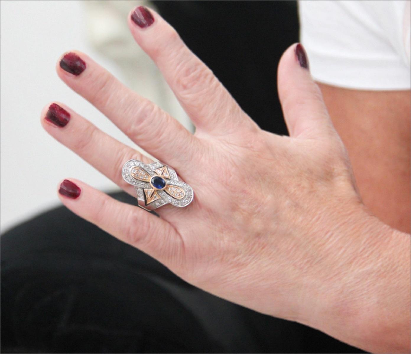Handcraft Sapphire 14 Karat Yellow and Silver Gold Diamonds Cocktail Ring For Sale 2