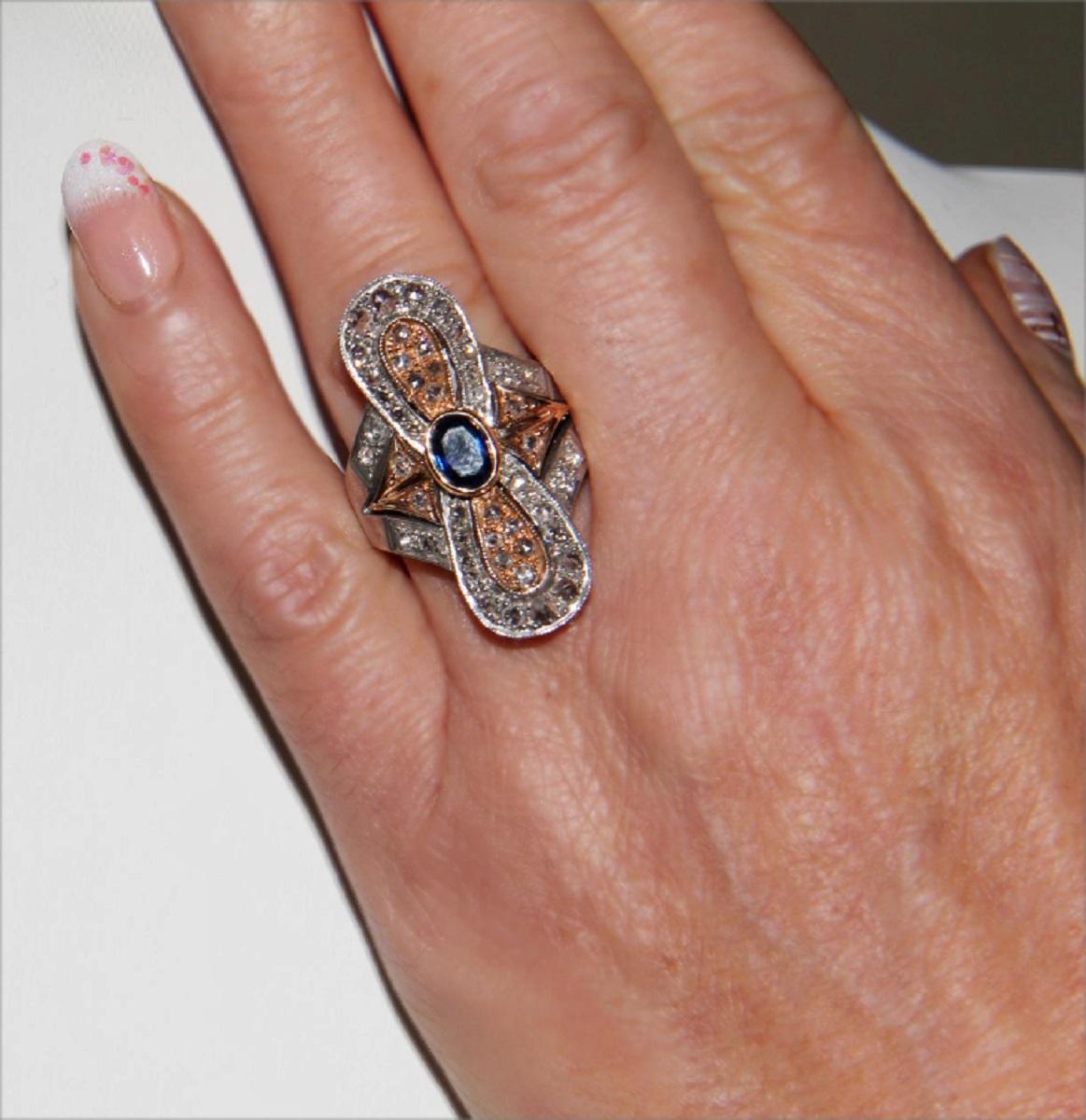 Handcraft Sapphire 14 Karat Yellow and Silver Gold Diamonds Cocktail Ring For Sale 3