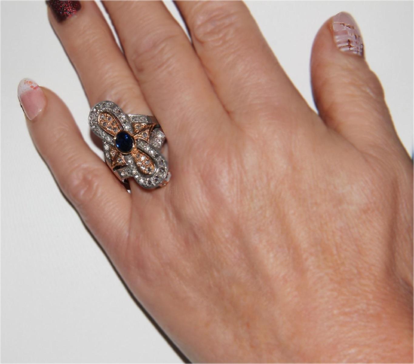 Handcraft Sapphire 14 Karat Yellow and Silver Gold Diamonds Cocktail Ring For Sale 4