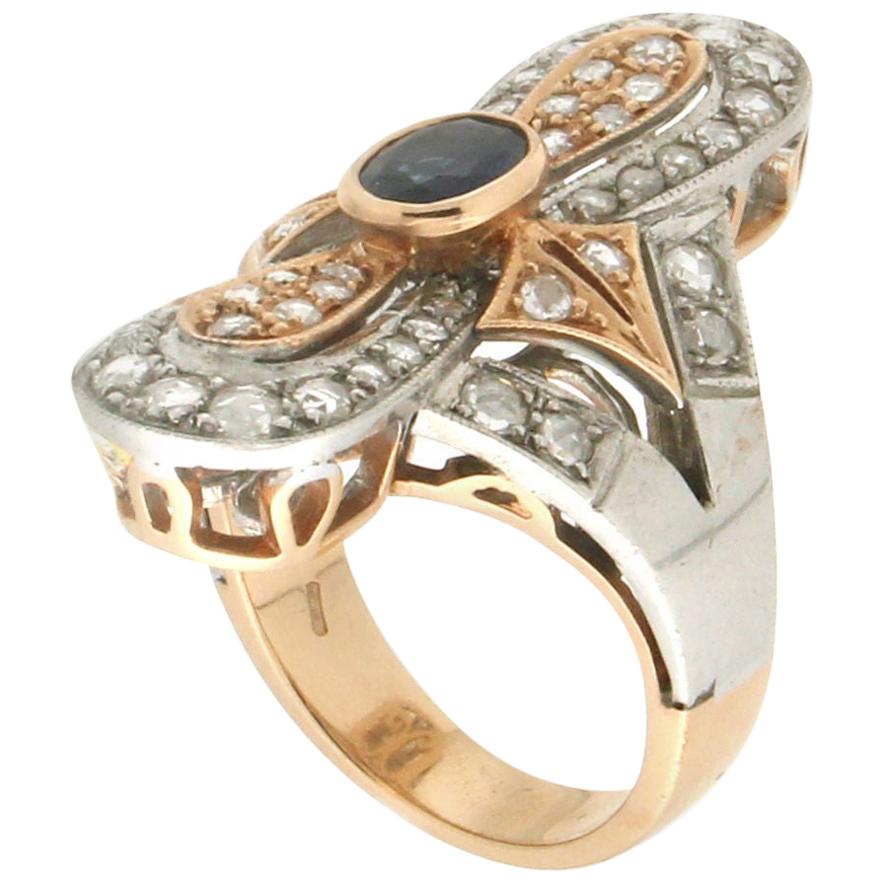 Handcraft Sapphire 14 Karat Yellow and Silver Gold Diamonds Cocktail Ring For Sale