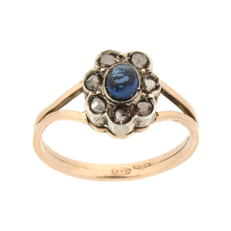 Handcraft Sapphires 14 Karat Yellow Gold Old Diamonds Cocktail Ring For ...