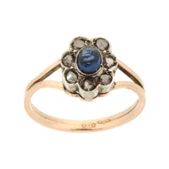 Handcraft Sapphire 14 Karat Yellow Gold and Silver Diamonds Cocktail Ring