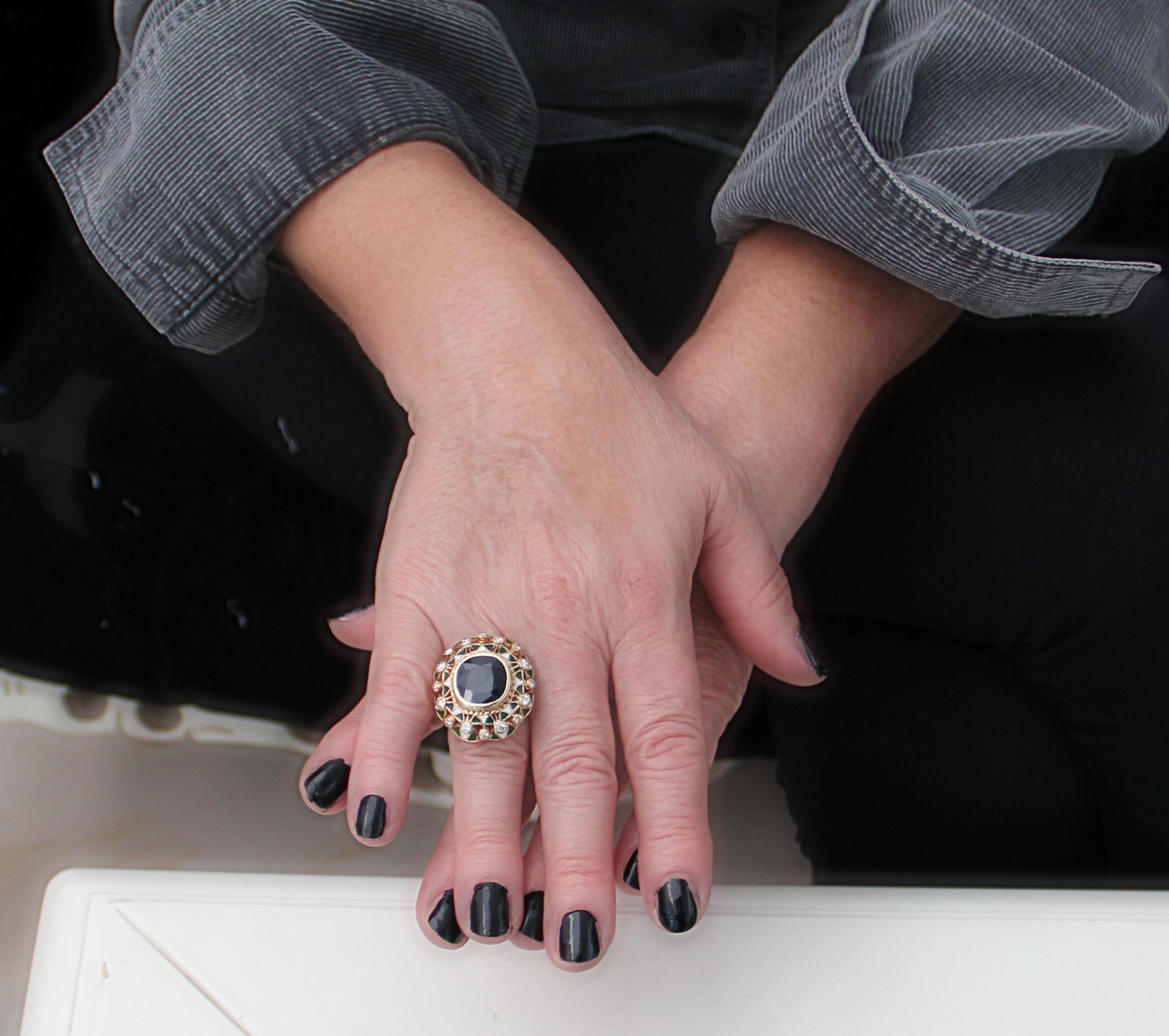 Handcraft Sapphire 14 Karat Yellow Gold Diamonds Cocktail Ring For Sale 6