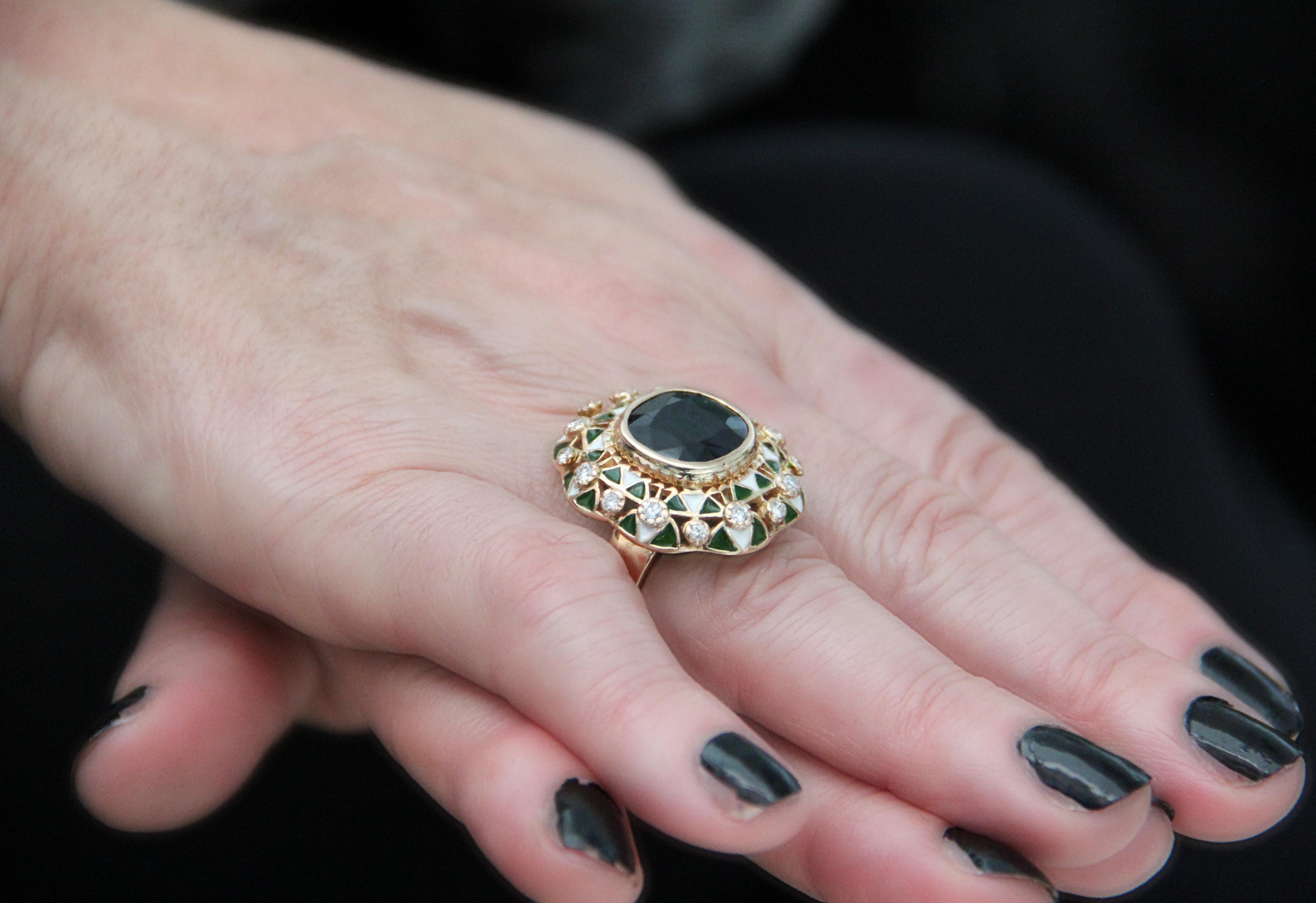 Handcraft Sapphire 14 Karat Yellow Gold Diamonds Cocktail Ring For Sale 7