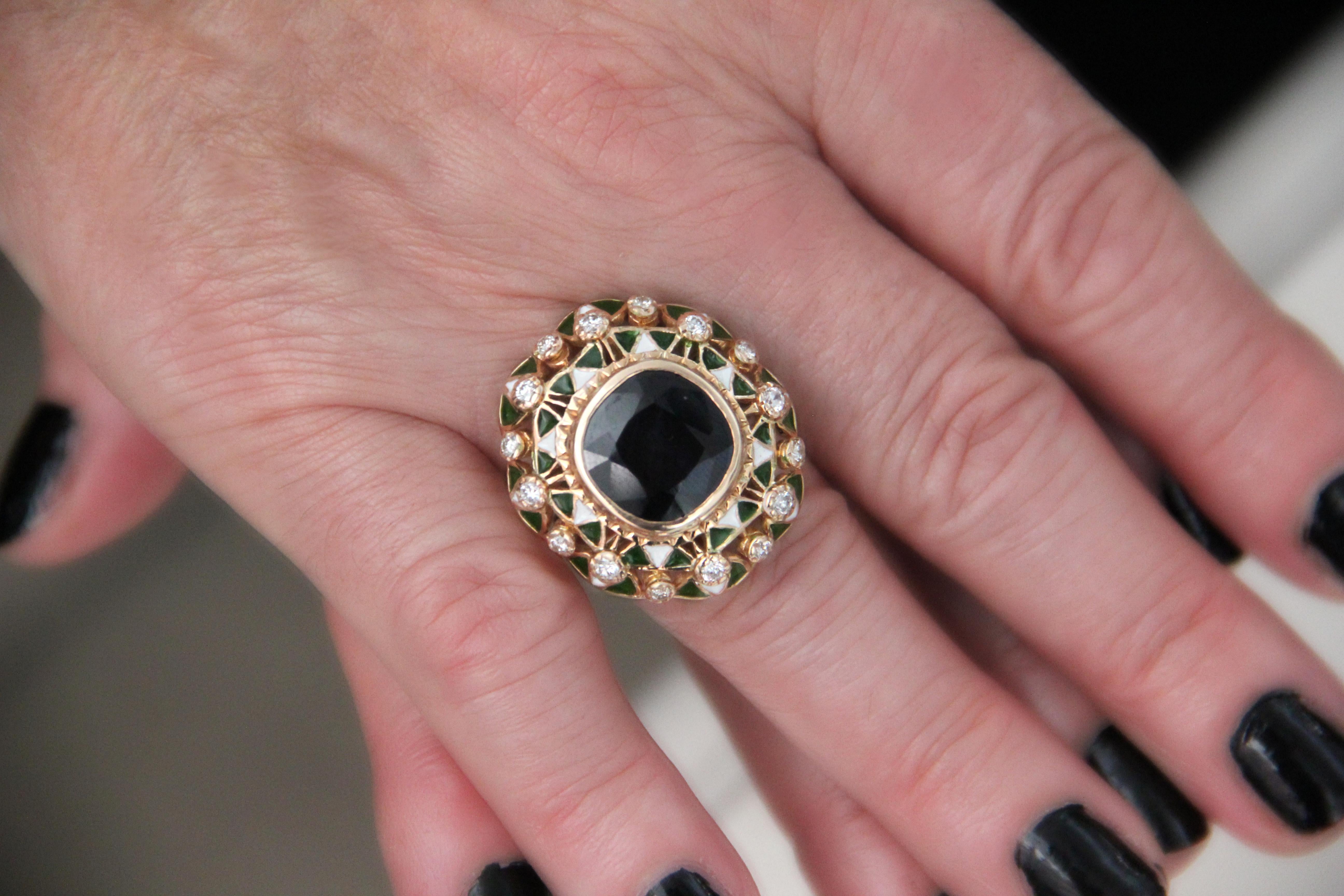 Handcraft Sapphire 14 Karat Yellow Gold Diamonds Cocktail Ring For Sale 9