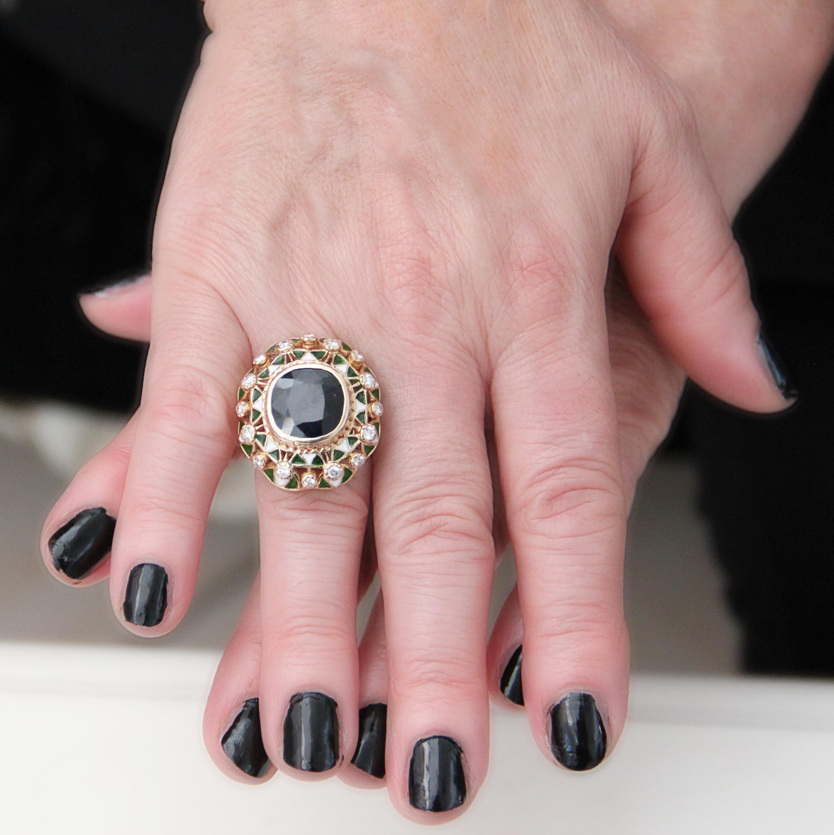Handcraft Sapphire 14 Karat Yellow Gold Diamonds Cocktail Ring For Sale 12