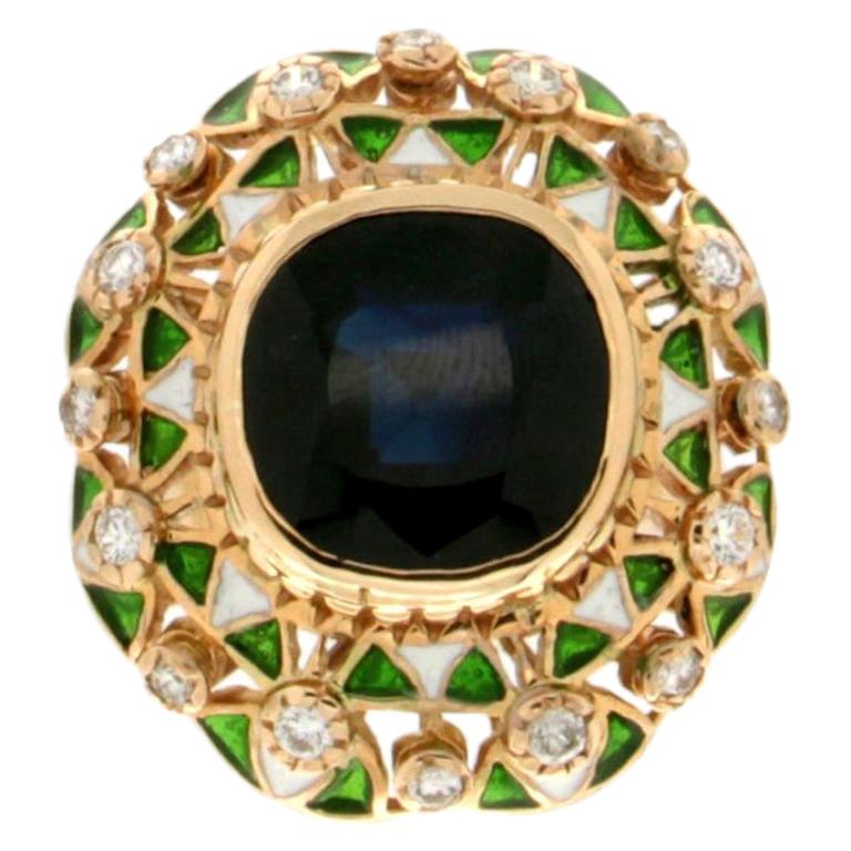 Cocktail-Ring, 14 Karat Gelbgold mit Saphiren und Diamanten, Handarbeit