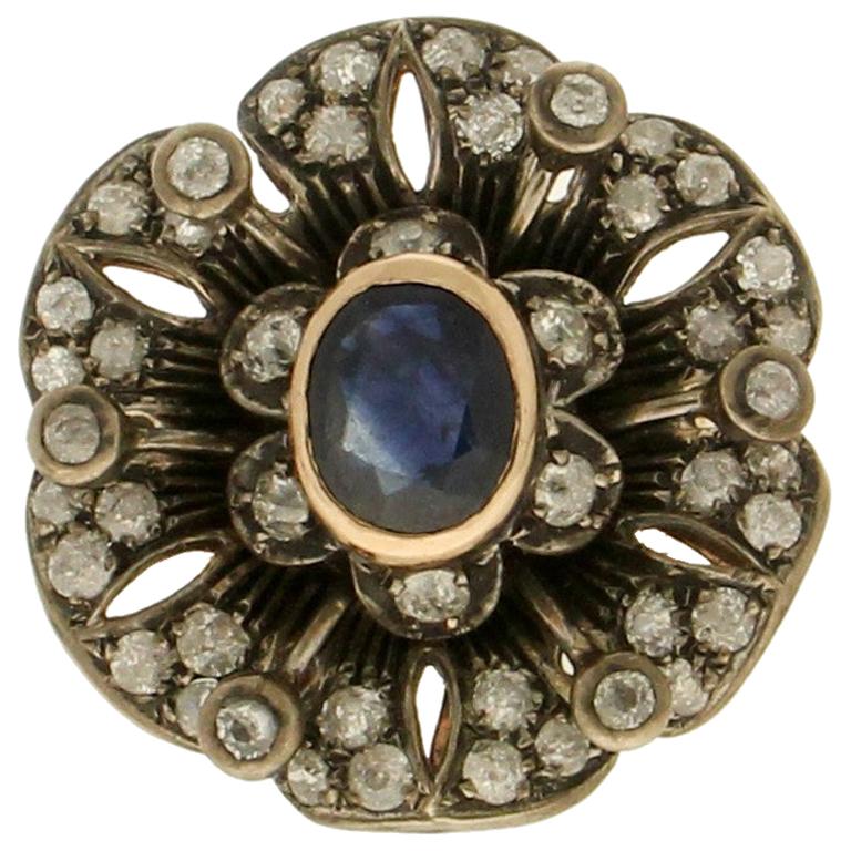 Anillo Cóctel Zafiro Artesanal Oro Amarillo 14 Kilates Diamantes
