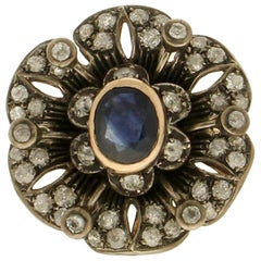Vintage Handcraft Sapphire 14 Karat Yellow Gold Diamonds Cocktail Ring