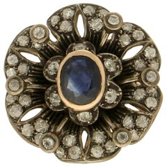 Anillo Cóctel Zafiro Artesanal Oro Amarillo 14 Kilates Diamantes