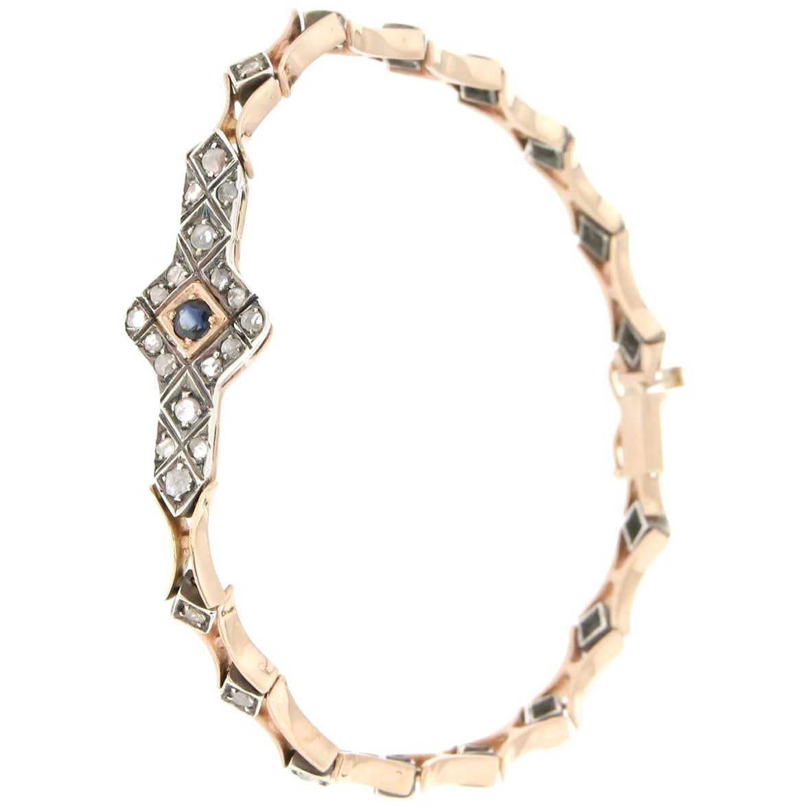 Bracelet manchette en or jaune 14 carats avec saphir et diamants Handcraft