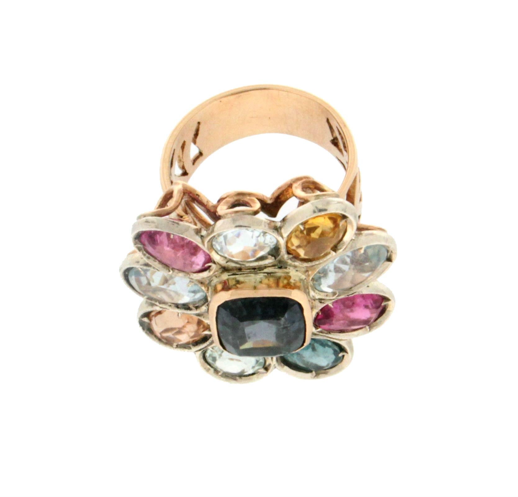 Mixed Cut Handcraft Sapphire 14 Karat Yellow Gold Tourmaline Aquamarine Cocktail Ring For Sale